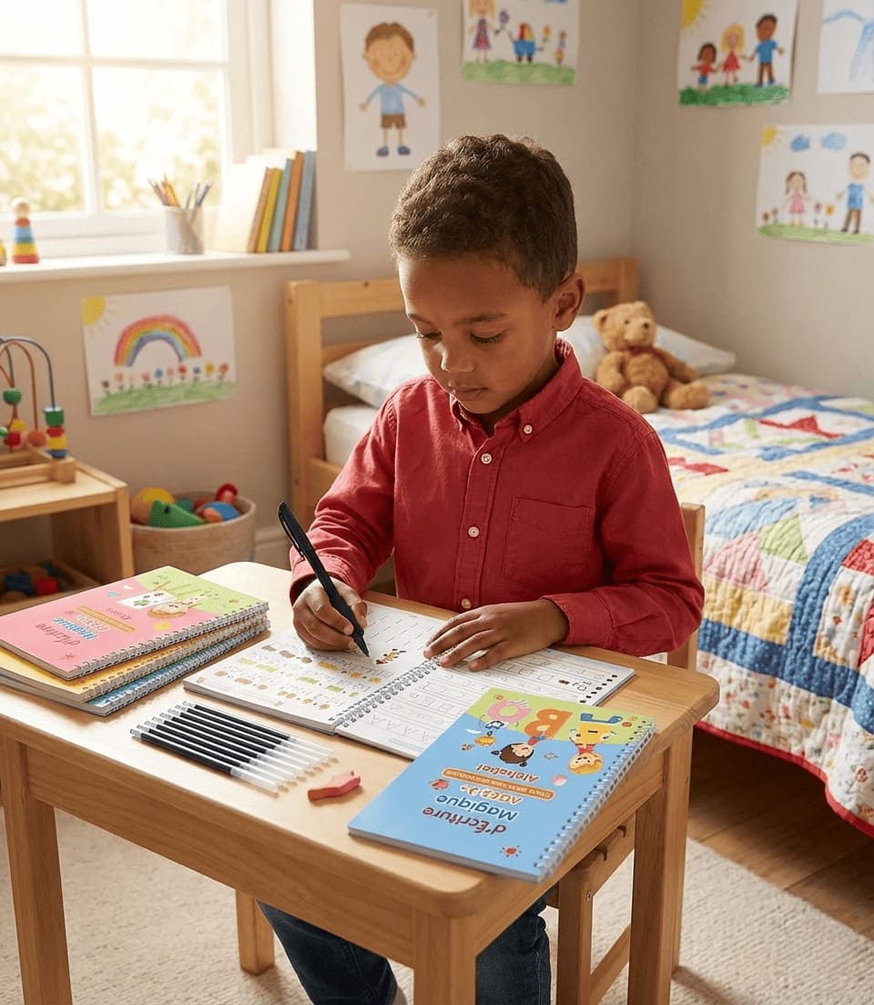 Un enfant entrain d'écrire sur son cahier d'écriture magique dans sa chambre 