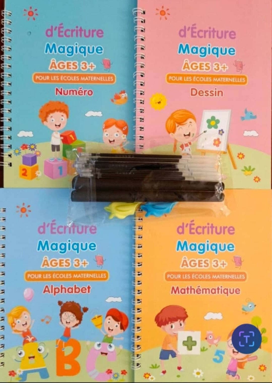 4 cahiers d'écritures magiques alphabet, nombre, maths et dessin 