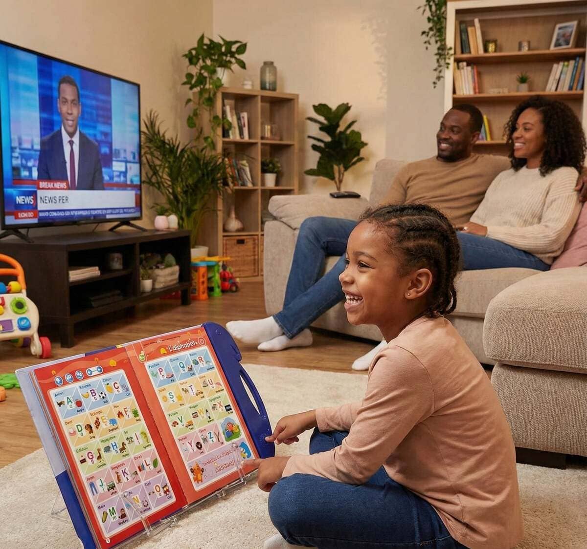 Une fille entrain d'apprendre sur son livre parlant, devant ses parents, dans leur salon 