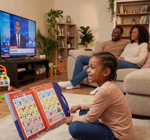 Une fille entrain d'apprendre sur son livre parlant, devant ses parents, dans leur salon 