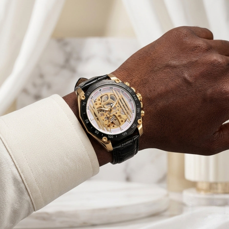 Montre automatique au poignet, en cuir véritable 