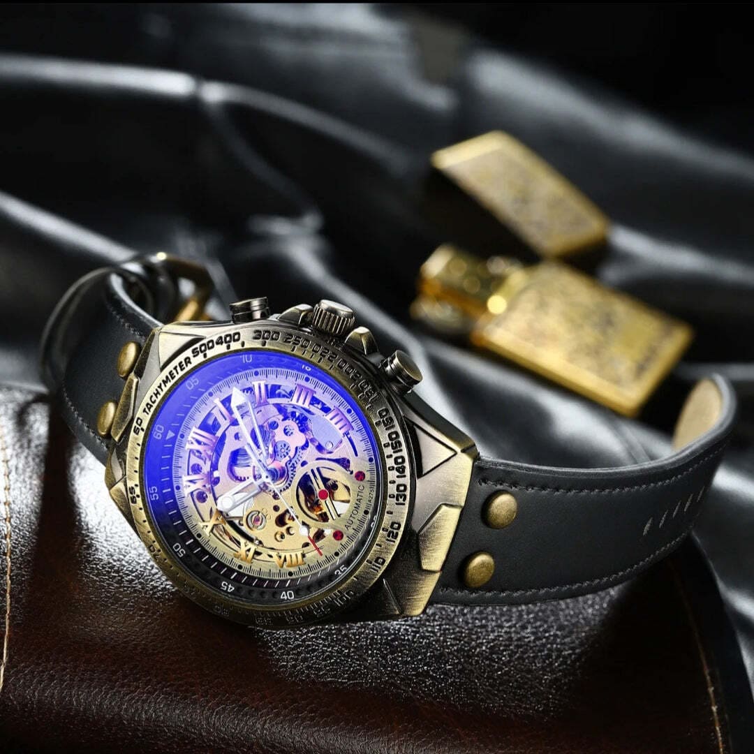 Montre automatique au cadran bleu avec bracelet en cuir véritable, noir