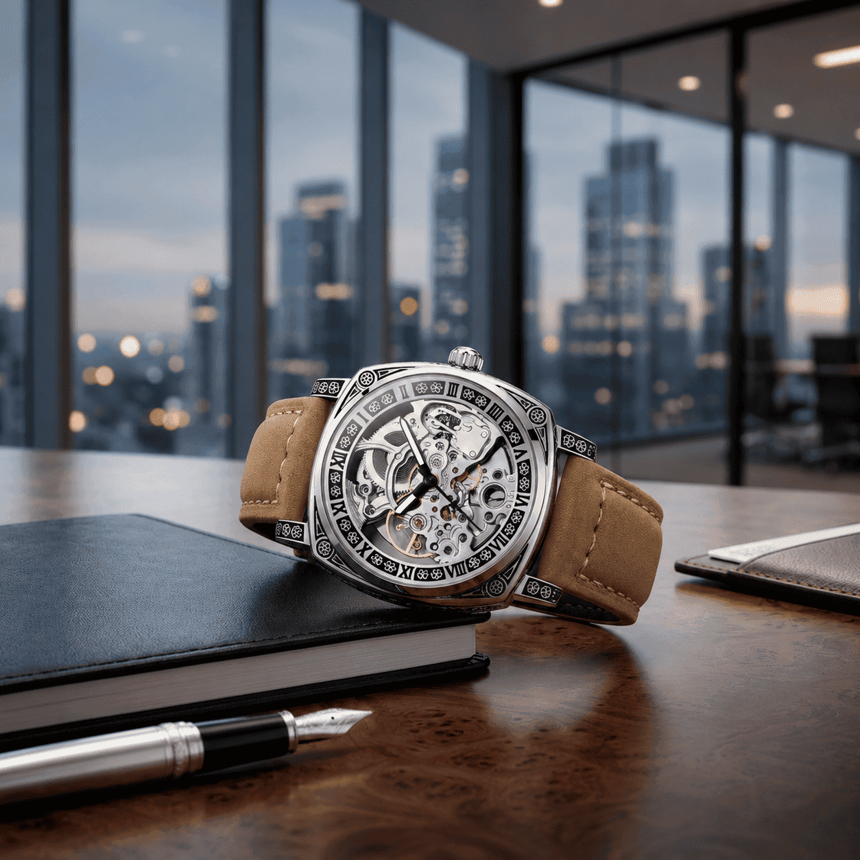 Montre au bracelet en cuir, sur une table 