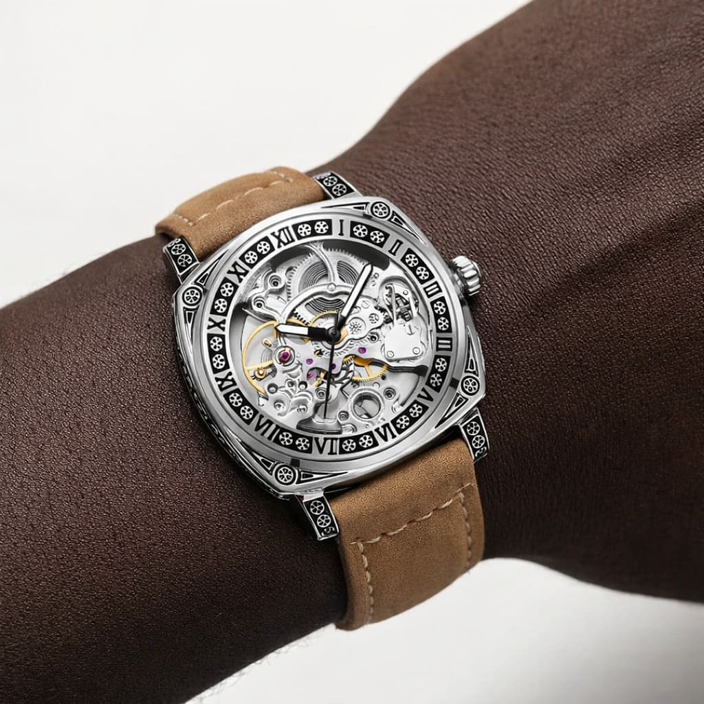 Montre automatique bracelet beige, portée au poignet par un homme noir 
