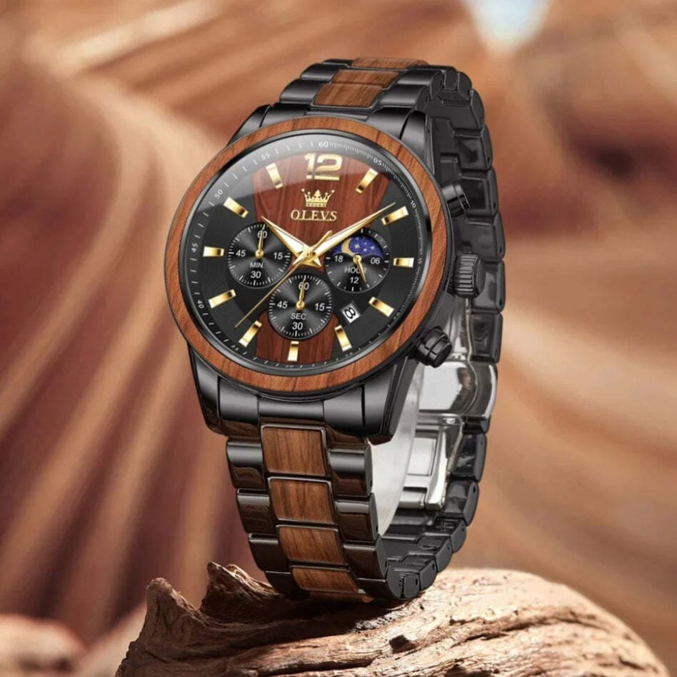 Montre en bois et inox mélange de couleur noire et marron 