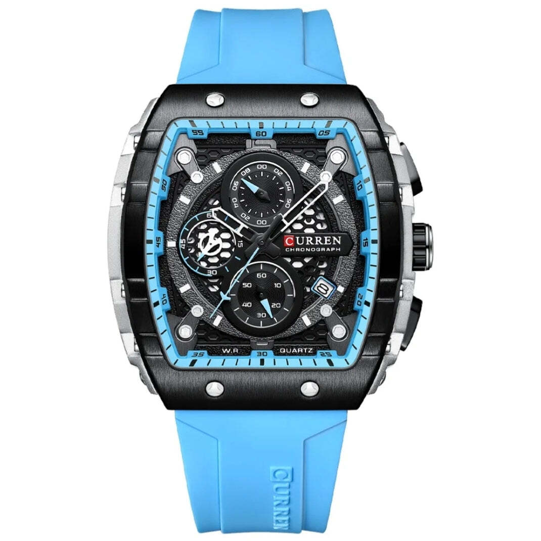 Montre à Quartz, bracelet bleu en silicone, vue de face 