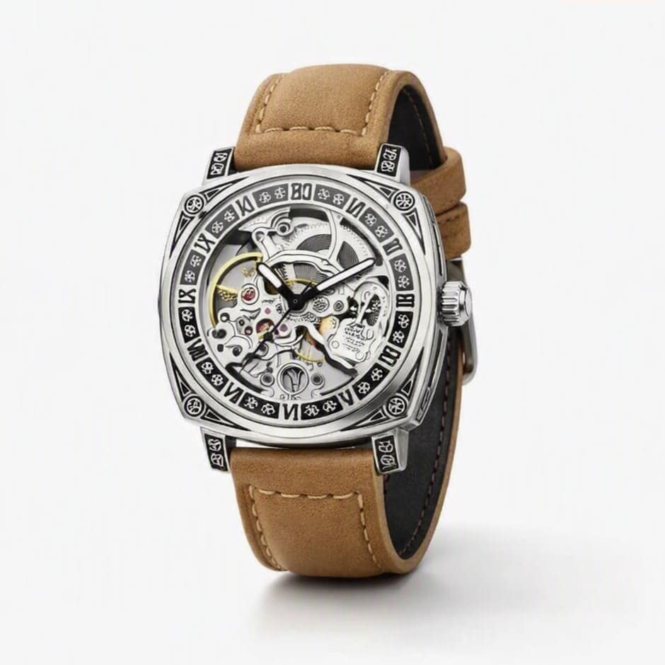 Montre automatique au bracelet beige, vue de face dans un fond blanc 
