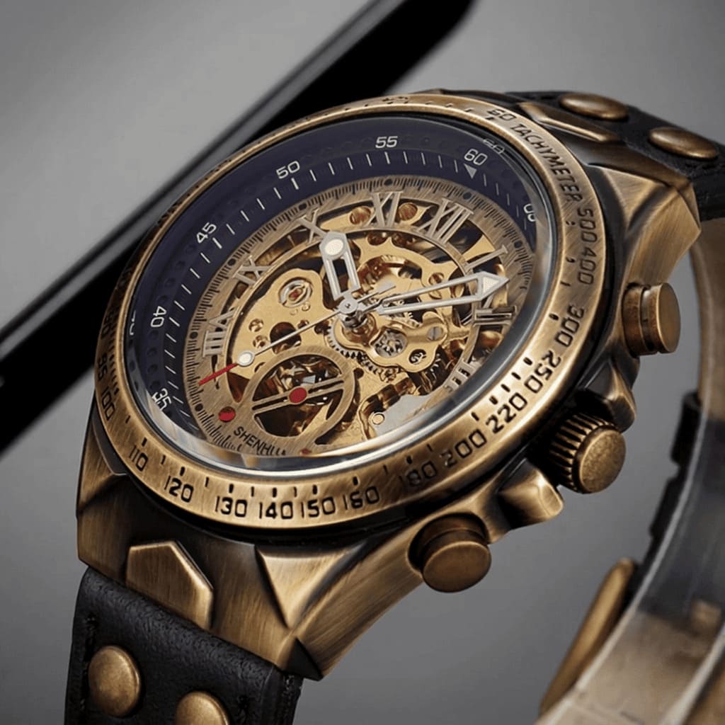 Montre en cuir style vintage, automatique en cuir noir 