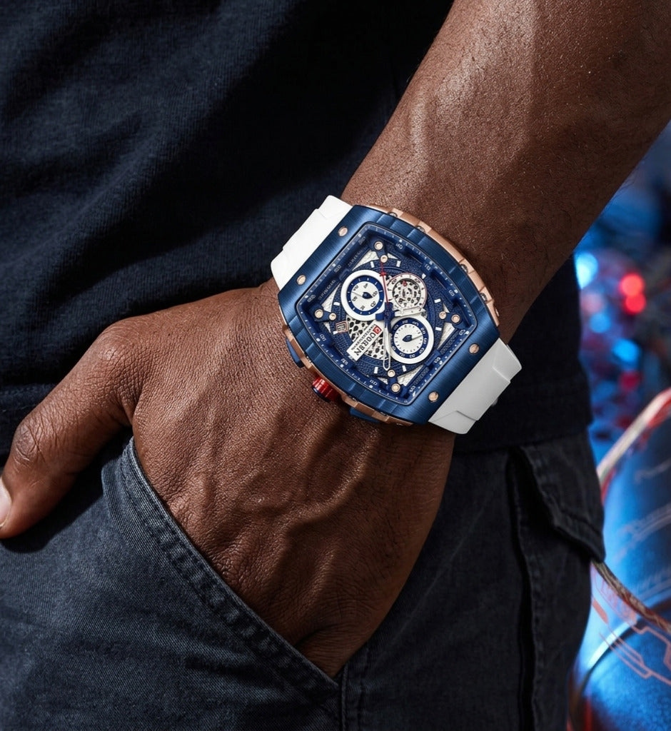 Montre en silicone, bracelet blanc, portée au poignet 