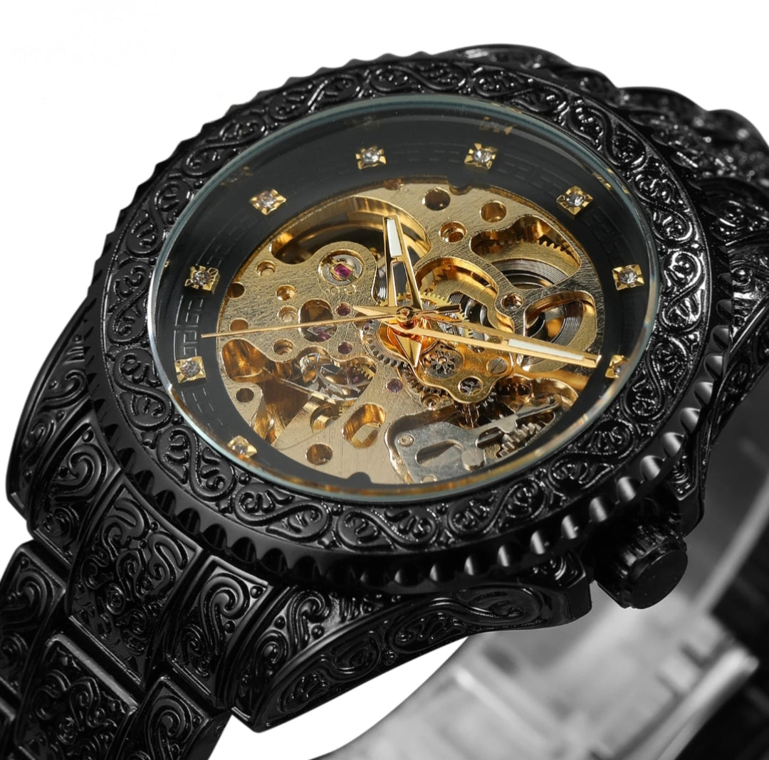 Montre mécanique gravures baroque en acier inoxydable noir 