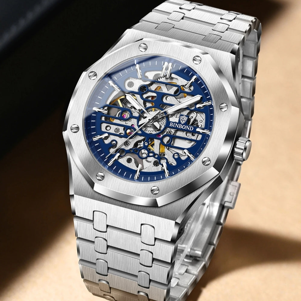 Montre Automatique Binbond Squelette Bleu - Acier inoxydable pour homme
