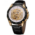 Montre automatique en cuir noir, vue de face et debout
