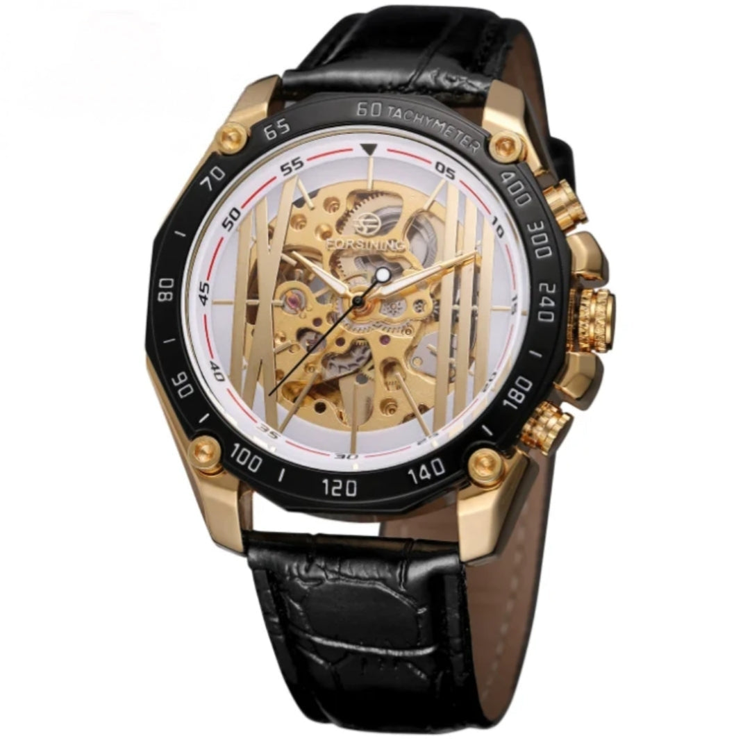 Montre automatique en cuir noir, vue de face et debout