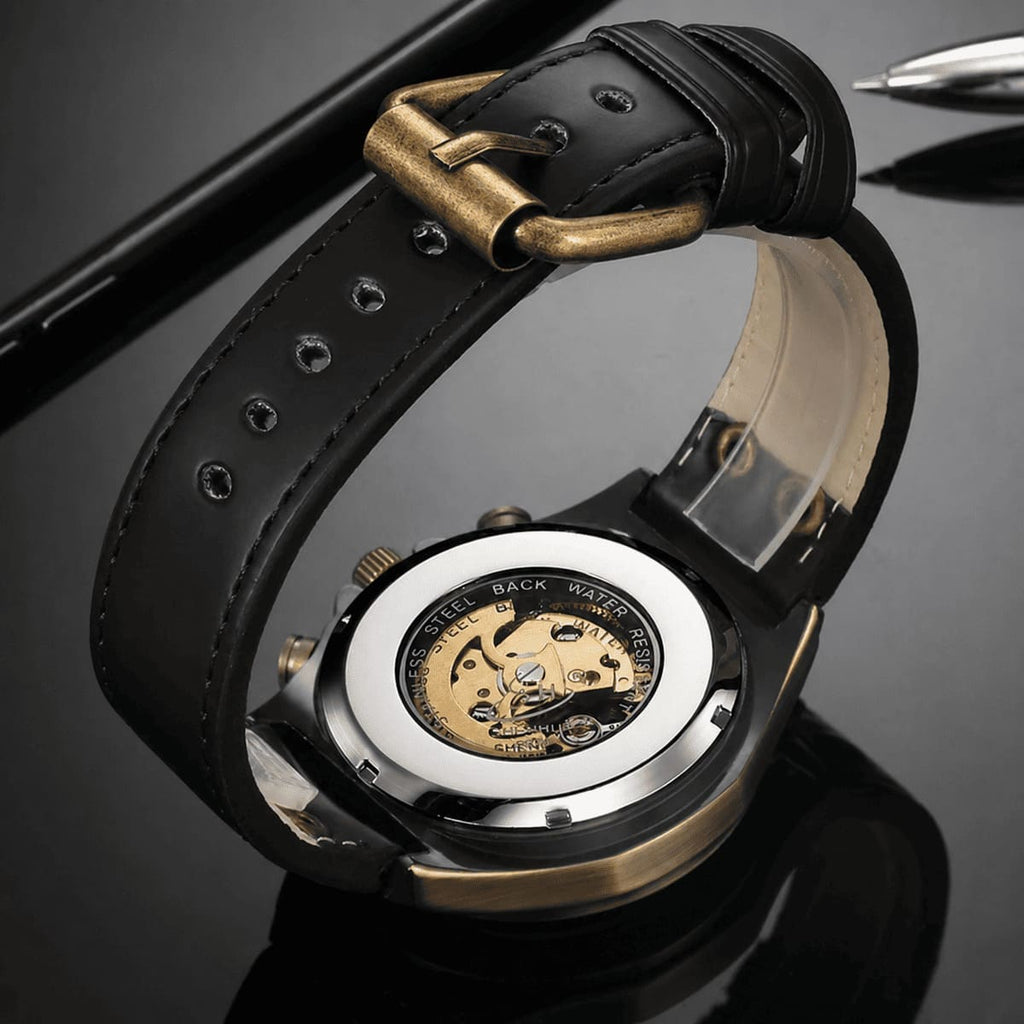 Montre Binbond mécanique, vue de derrière, bracelet cuir 