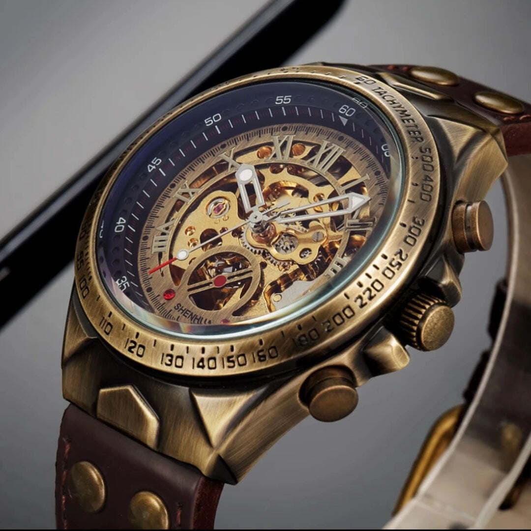 Montre automatique au mécanisme visible en cuir avec bracelet marron 