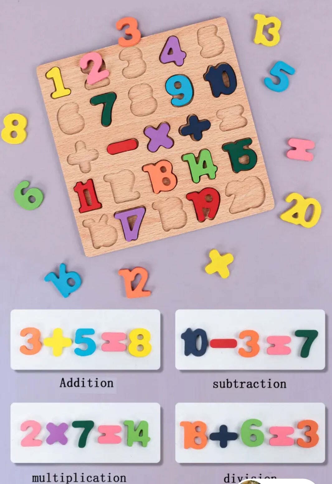 Tableau puzzle pour apprendre opération division, addition, soustraction, multiplication 
