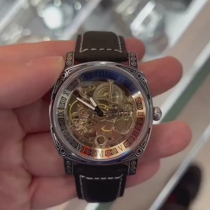 Montre Squelette Automatique Boîtier Carré - Cuir noir