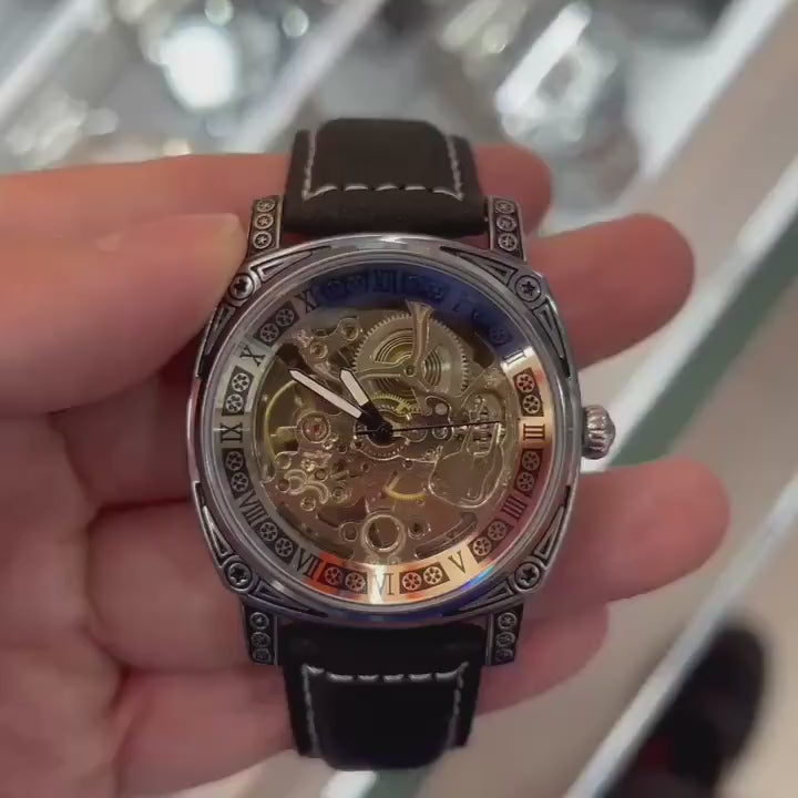 Montre Squelette Automatique Boîtier Carré - Cuir