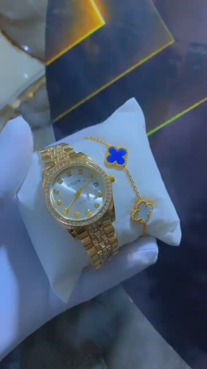 Coffret Montre Femme Dorée Strass avec Bracelet Assorti – Bolun
