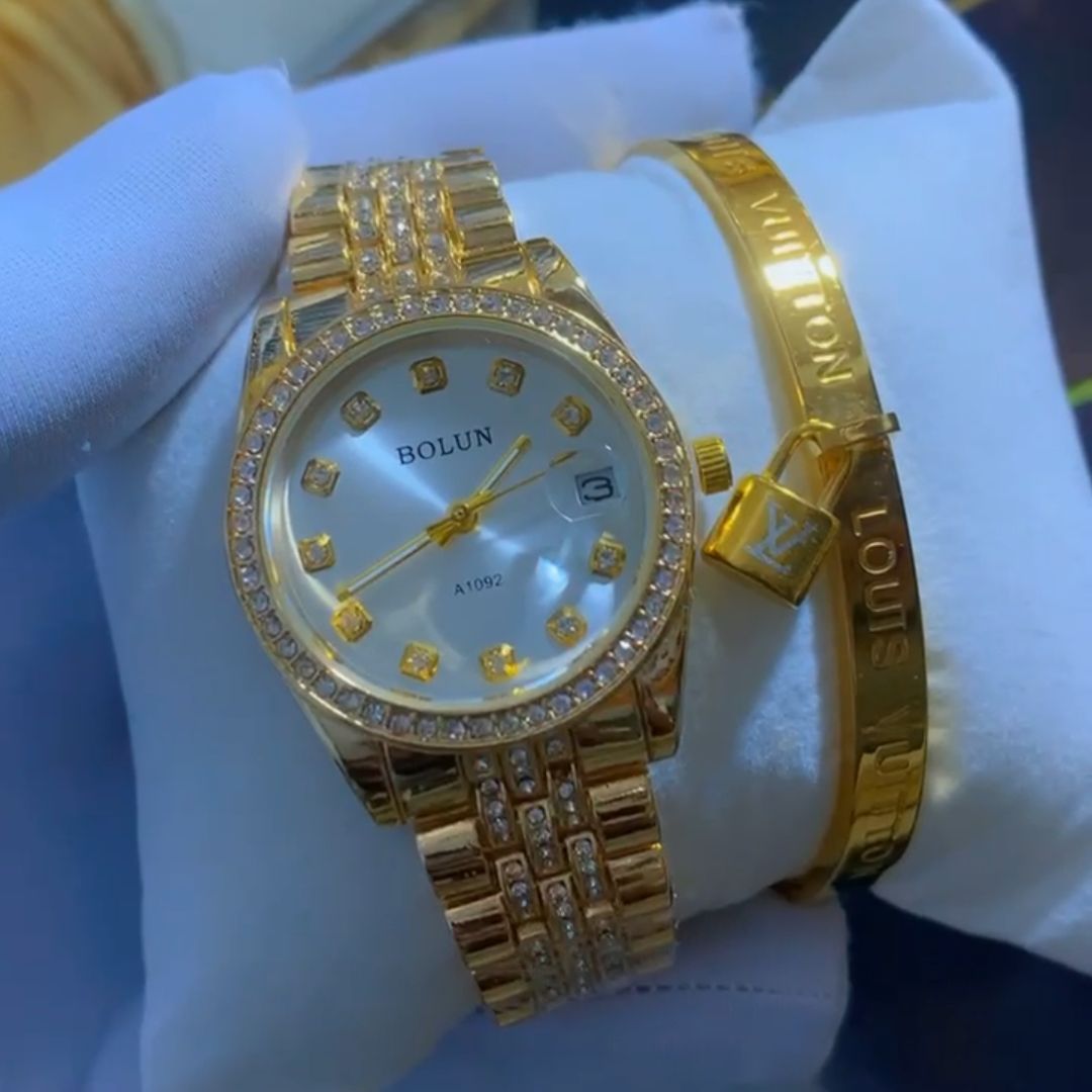 Coffret Montre Femme Dorée Strass avec Bracelet Assorti – Bolun
