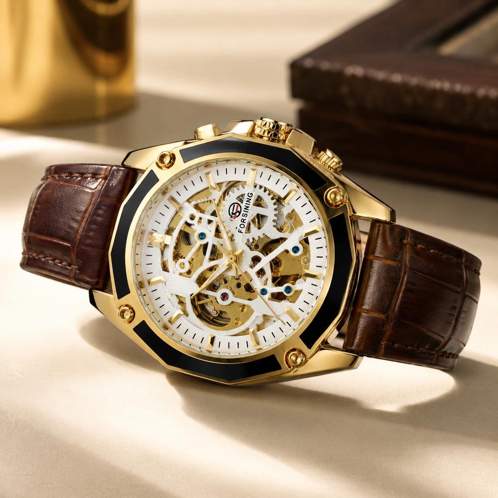 Montre Forsining squelette dorée portée avec un costume beige et une cravate marron