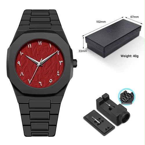 Montre homme à chiffres arabes, boîtier noir octogonal et bracelet à maillons – photo 1
