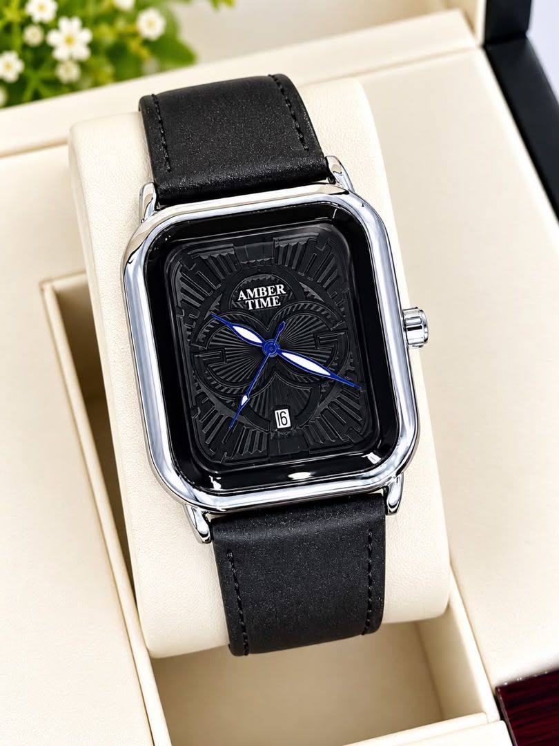 Montre homme rectangulaire Amber Time, cadran texturé avec date et bracelet cuir – vue 5