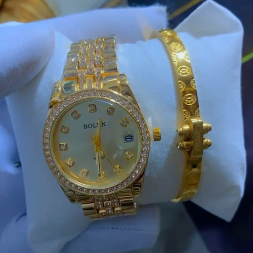 Coffret Montre Femme Dorée Strass avec Bracelet Assorti – Bolun