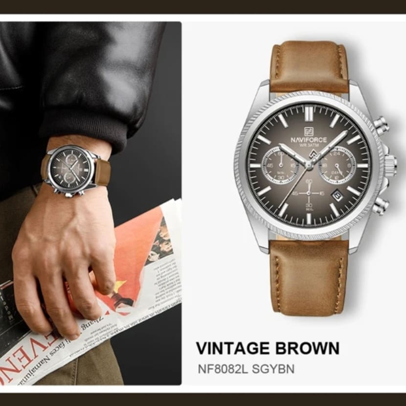 Montre chronographe Naviforce cadran dégradé marron et bleu nuit, bracelet cuir marron - vue de face