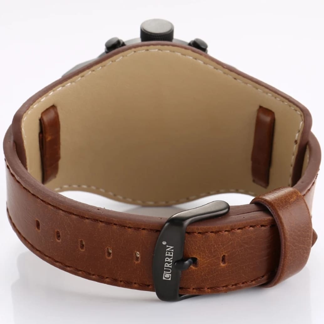 Vue arrière et fermoir du bracelet cuir de la montre Curren chronographe