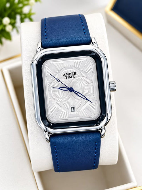 Montre homme rectangulaire Amber Time, cadran texturé avec date et bracelet cuir – vue 2