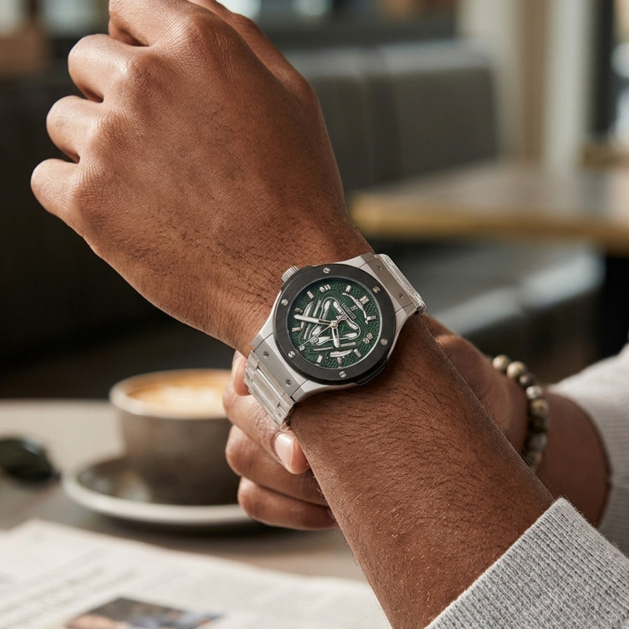Montre hublot à quartz portée, vue au poignet 
