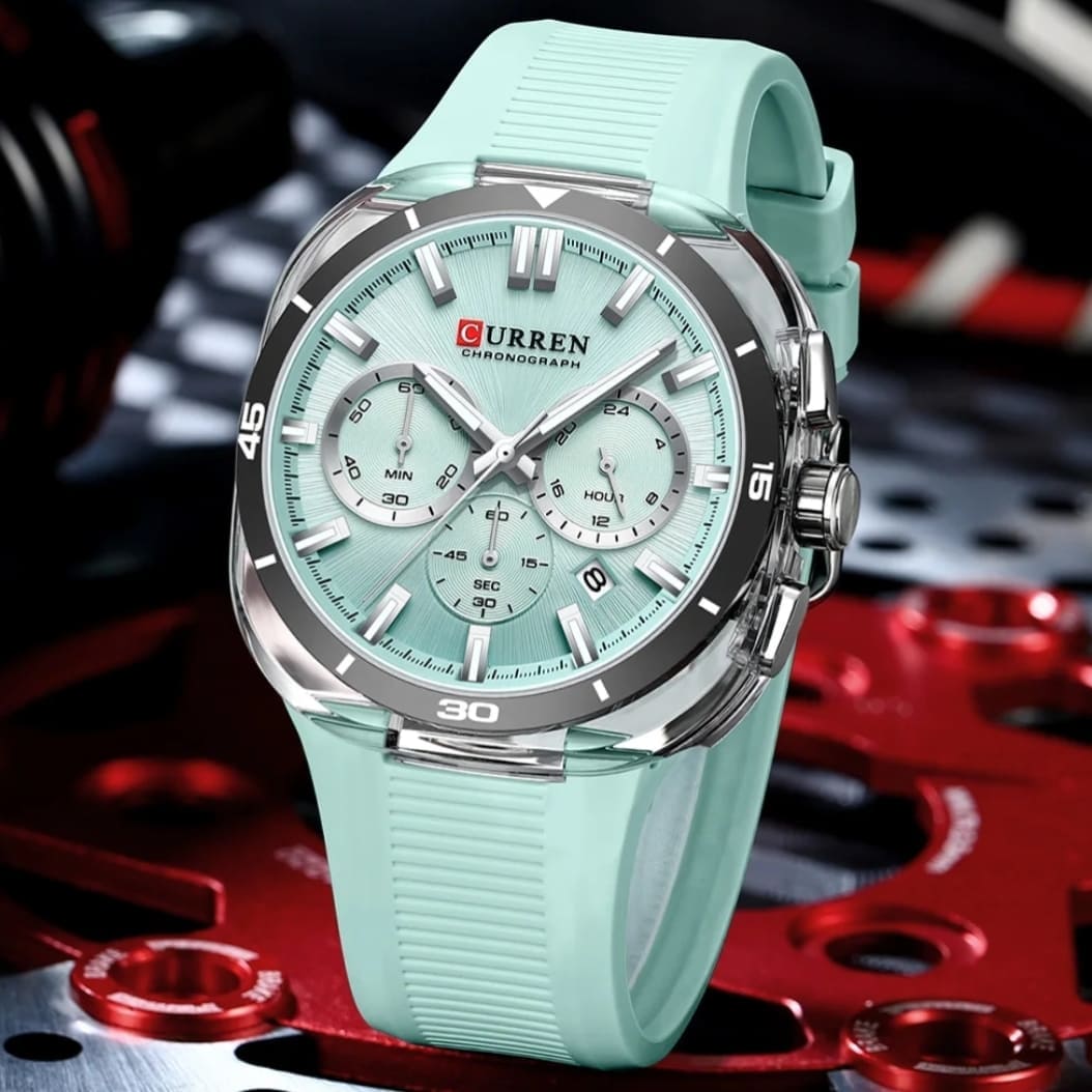 Montre chronographe Curren cadran strié noir, bracelet silicone - vue de face