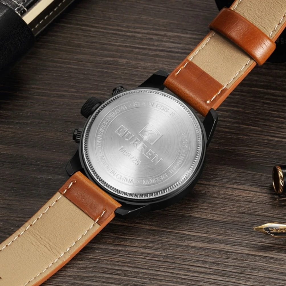 Montre Curren chronographe cuir marron - vue d'ensemble avec boîte