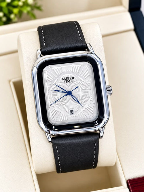 Montre homme rectangulaire Amber Time, cadran texturé avec date et bracelet cuir – vue 1