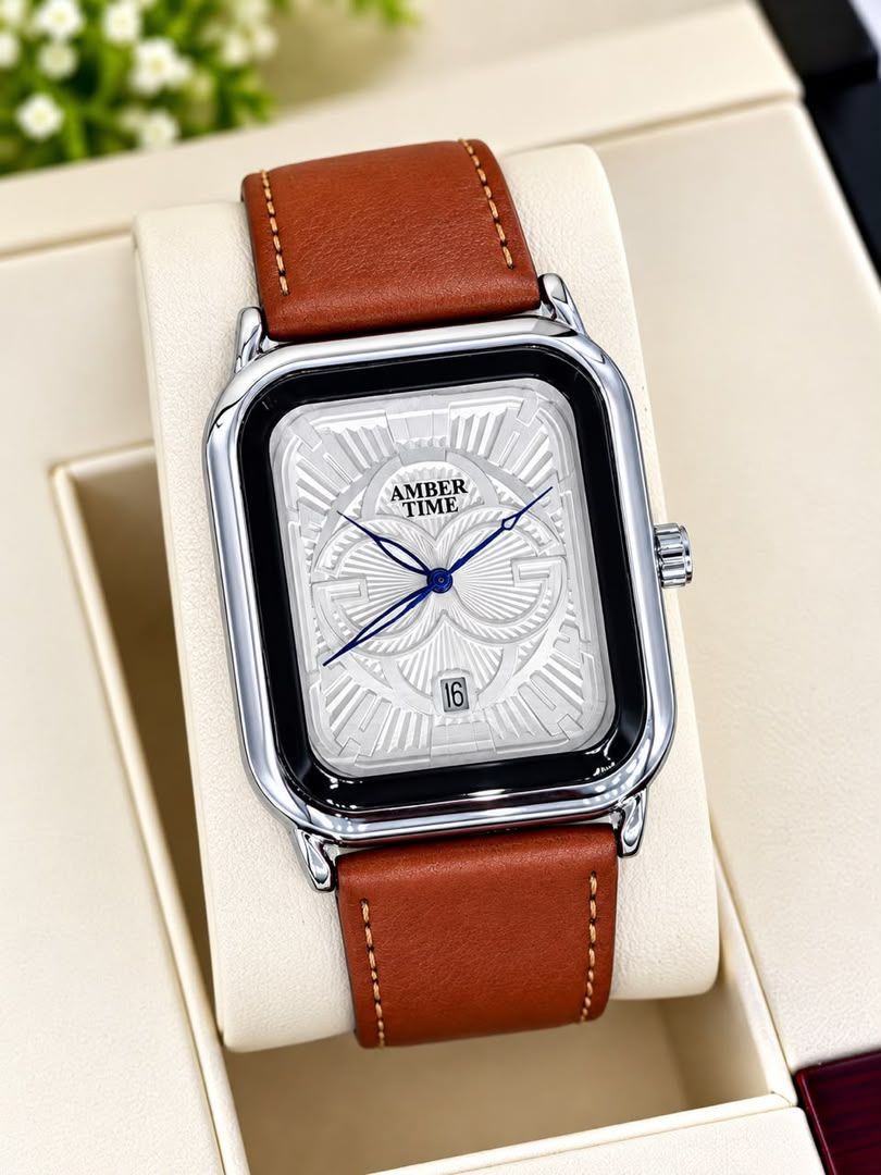 Montre homme rectangulaire Amber Time, cadran texturé avec date et bracelet cuir – vue 3