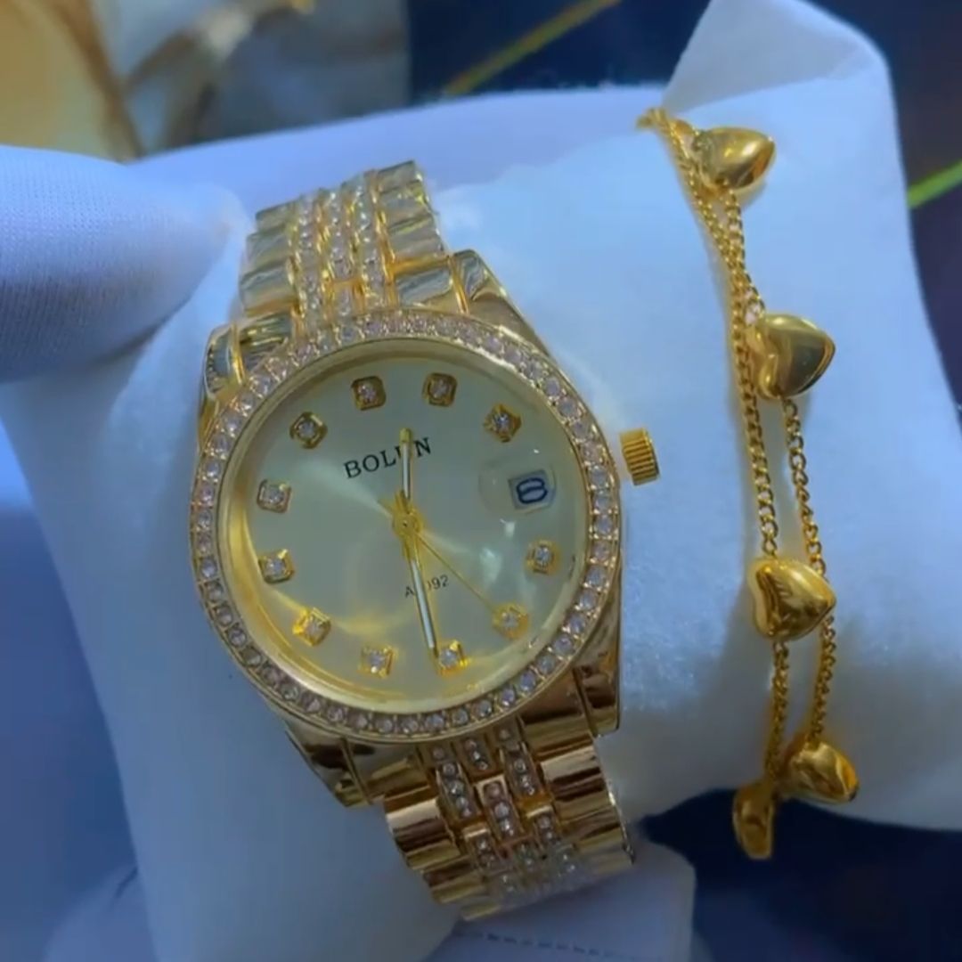 Coffret Montre Femme Dorée Strass avec Bracelet Assorti – Bolun