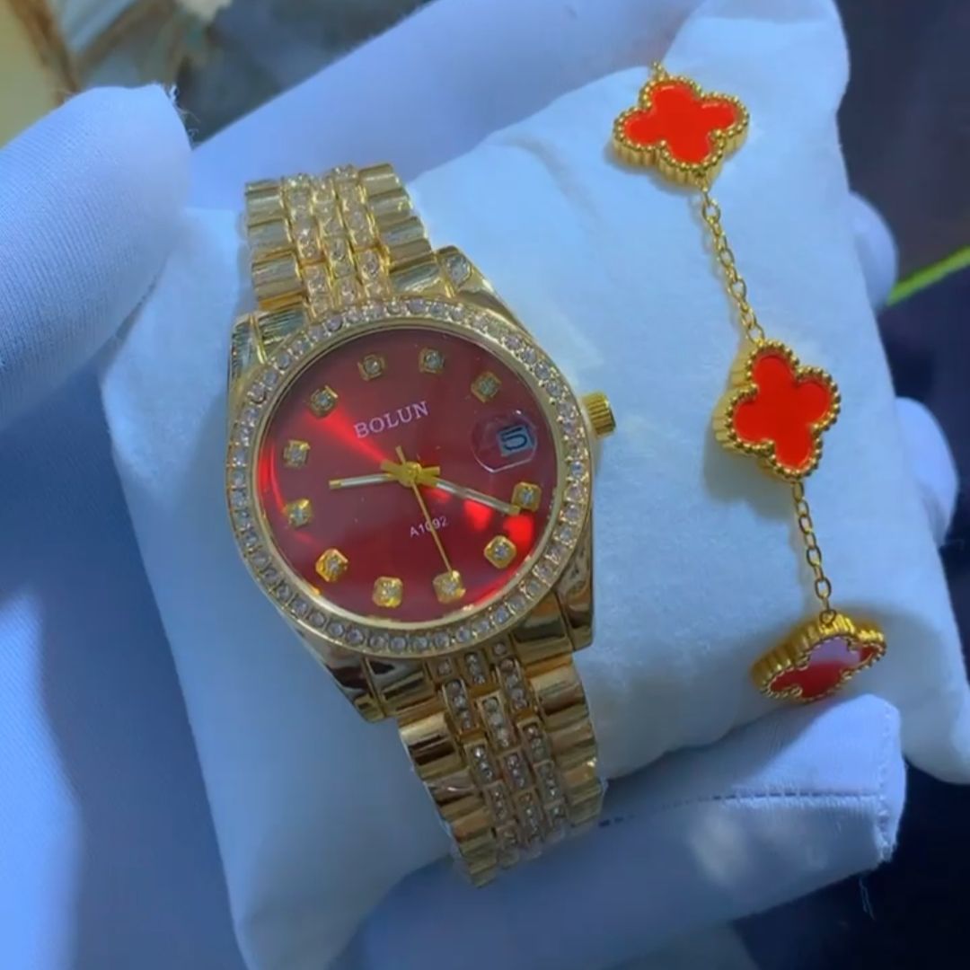 Coffret Montre Femme Dorée Strass avec Bracelet Assorti – Bolun