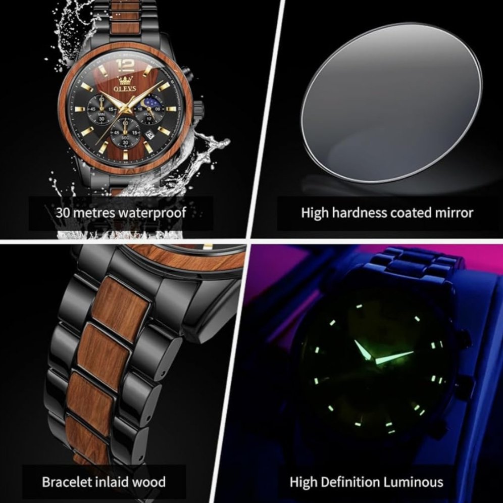 Montre OLEVS 3645 acier et bois, vue du bracelet
