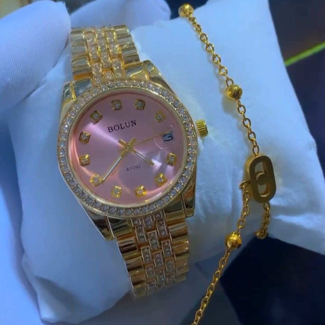 Coffret Montre Femme Dorée Strass avec Bracelet Assorti – Bolun