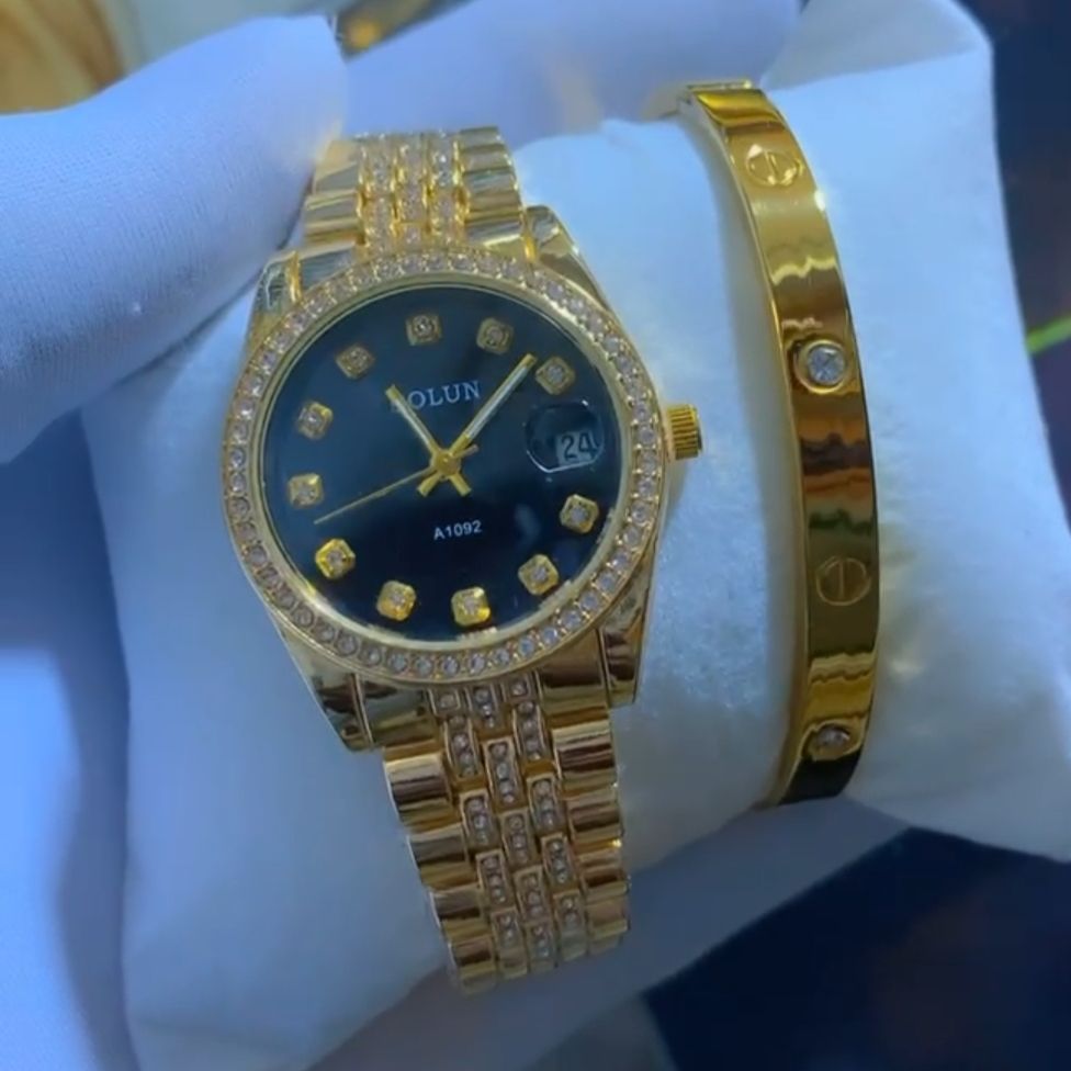 Coffret Montre Femme Dorée Strass avec Bracelet Assorti – Bolun