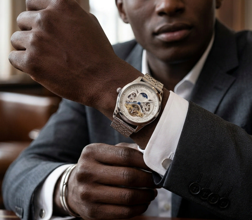 Montre automatique Patek Philippe argentée, vue au poignet d'un homme de teint noir.