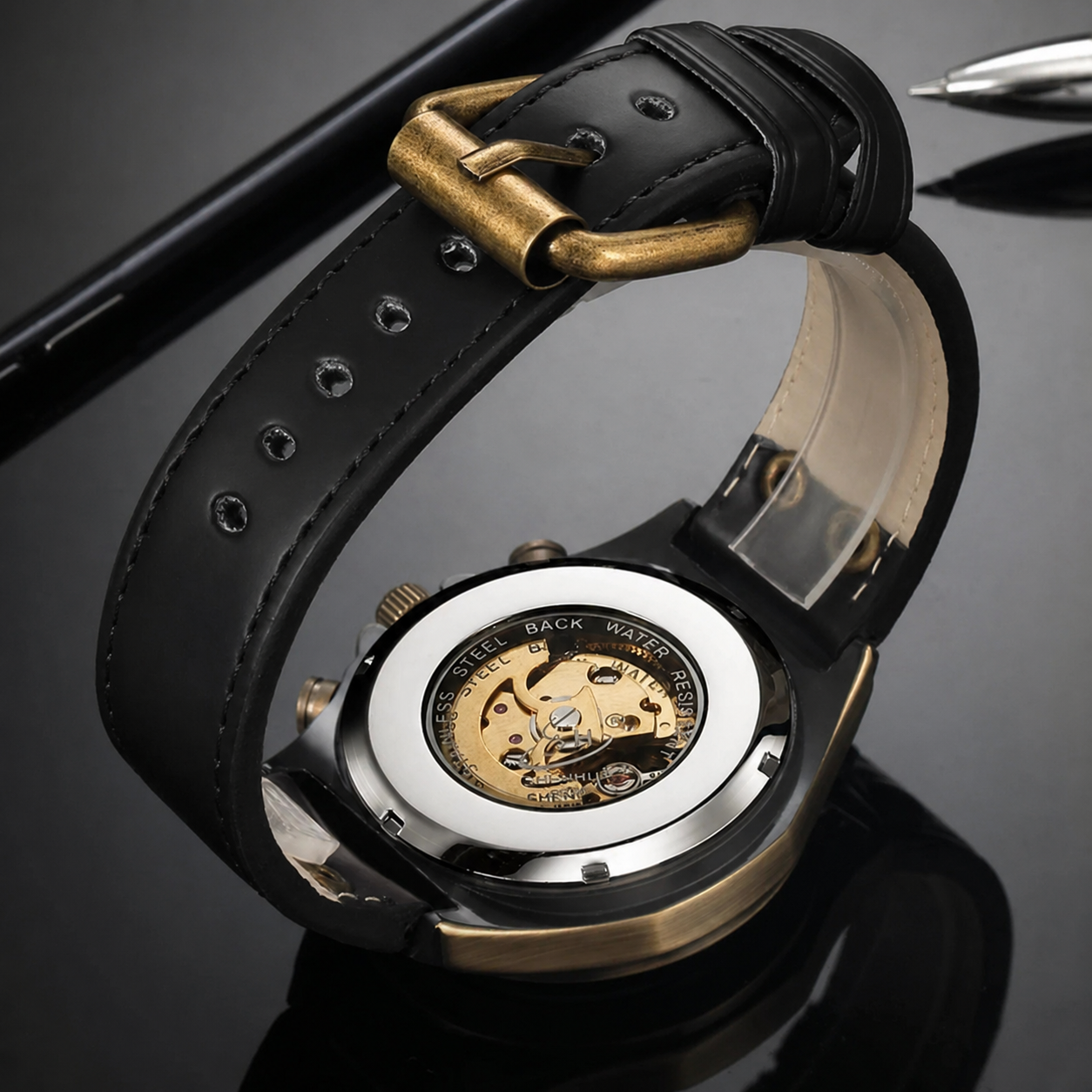 Montre Squelette Steampunk Binbond A275 - Cuir Noir