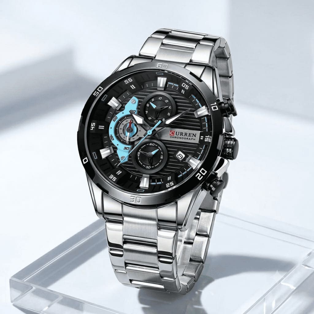 Montre Curren Full Black boîtier octogonal, cadran noir mat - vue de face