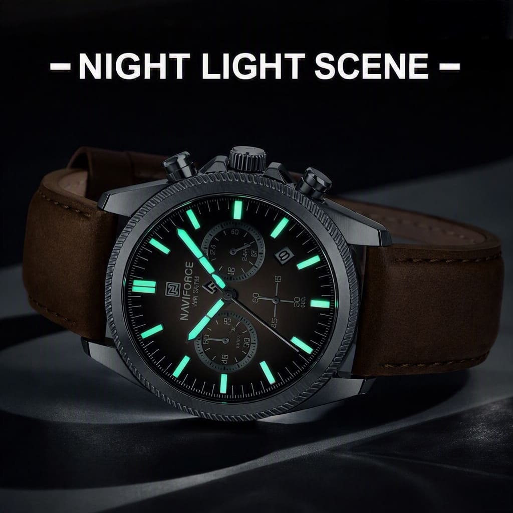 Vue arrière et fermoir du bracelet cuir de la montre chronographe Naviforce
