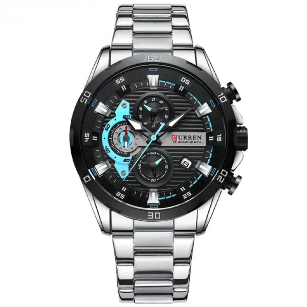 Bracelet acier inoxydable et boîtier octogonal cannelé de la montre Curren Full Black