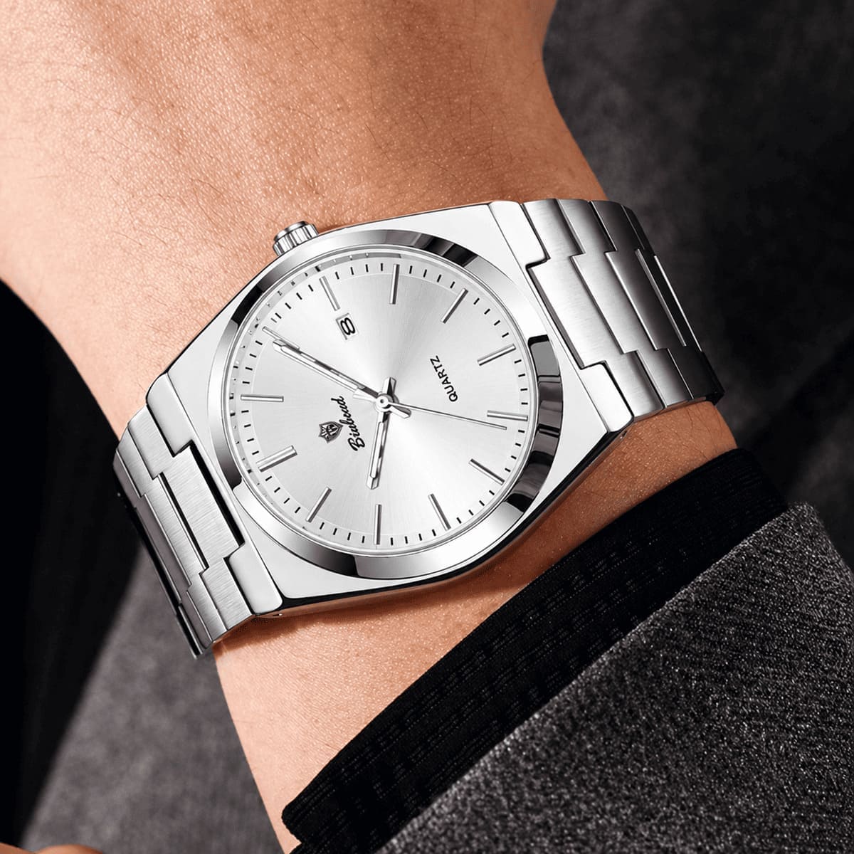 Montre Binbond quartz acier argenté - vue d'ensemble avec boîte