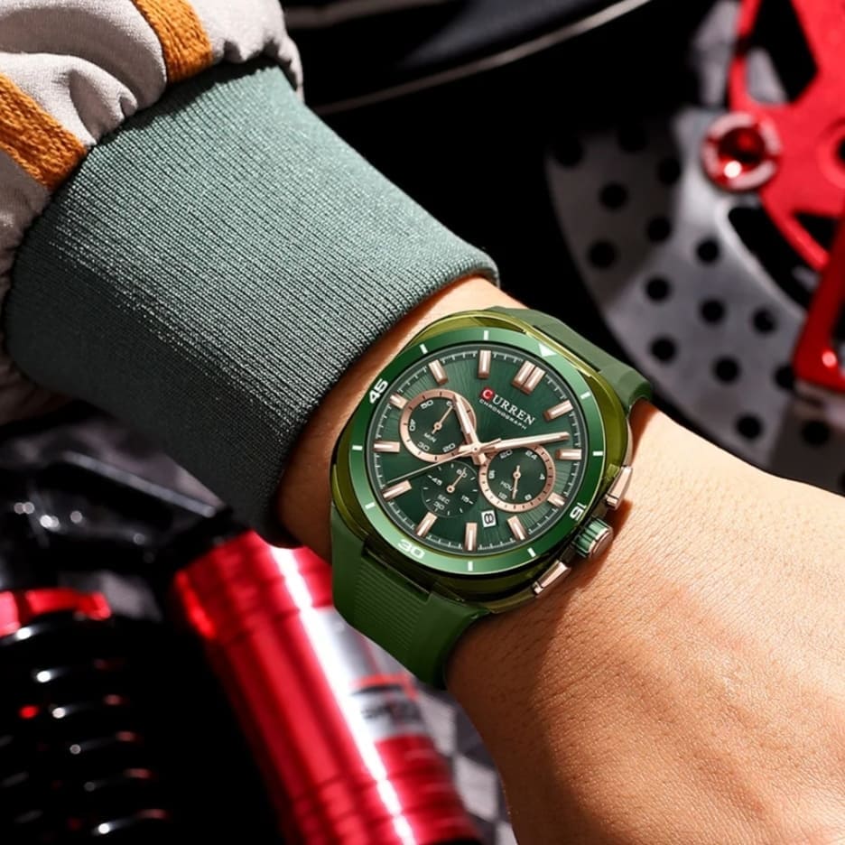 Montre Curren chronographe cadran strié - vue d'ensemble avec boîte