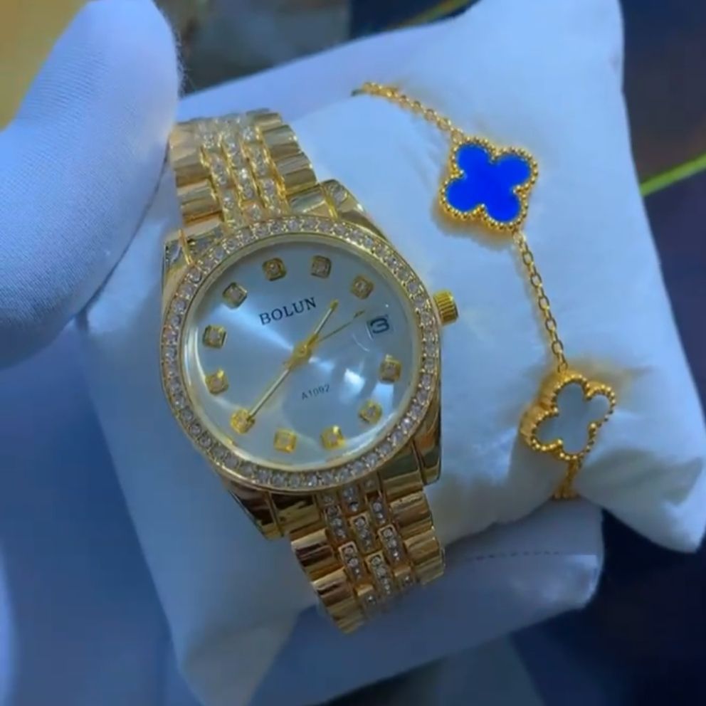 Coffret Montre Femme Dorée Strass avec Bracelet Assorti – Bolun