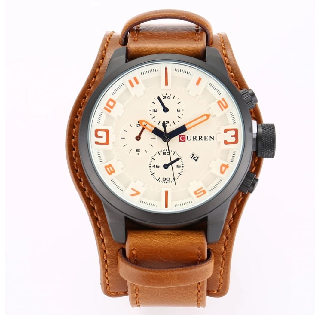 Montre Curren chronographe cuir marron portée au poignet